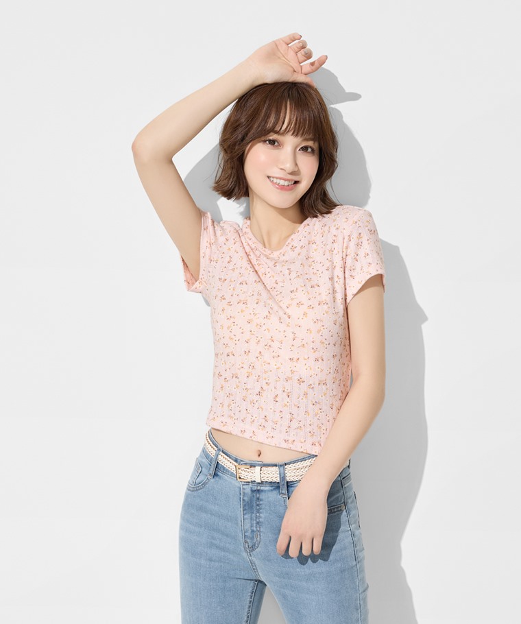 羅紋提花小花短版T恤-女