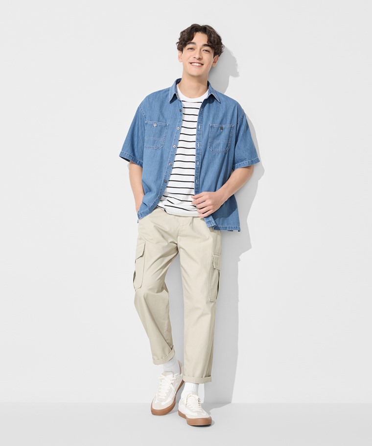 春夏男裝新品：男 · 牛仔寬版短袖襯衫,男 · 寬版工裝九分褲,男 · 純棉寬版條紋圓領T恤