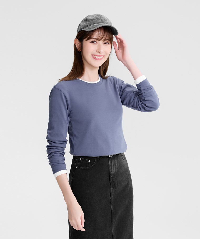 純棉厚實圓領長袖T恤-女