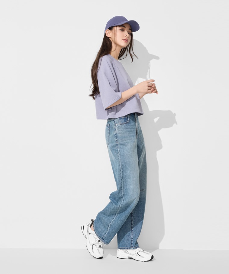 毛圈寬鬆短版五分袖T恤-女