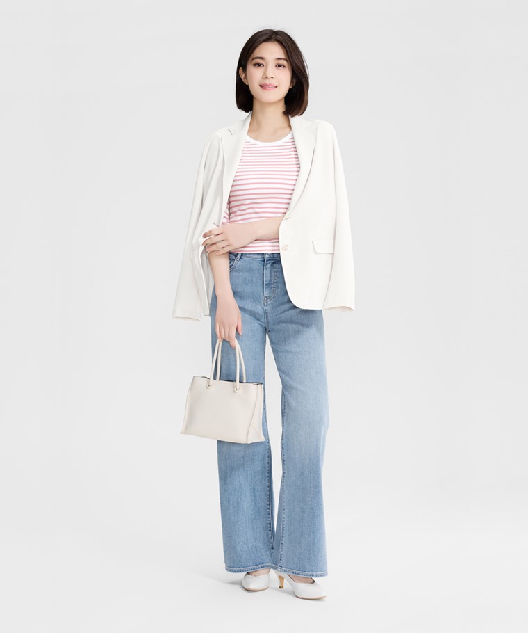 棉質羅紋條紋長袖T恤-女