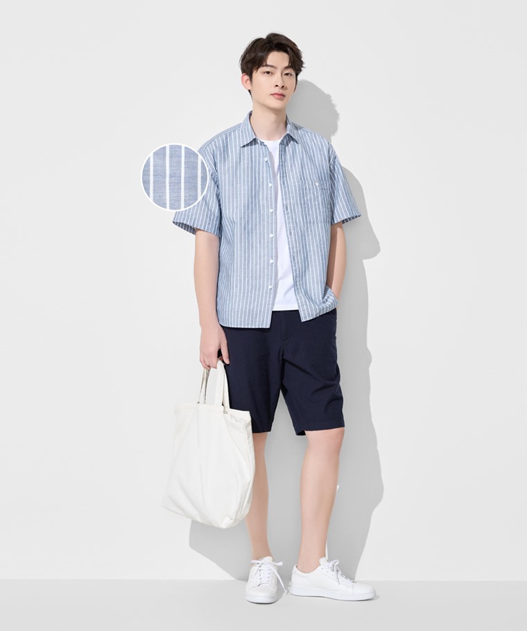 棉麻寬版條紋短袖襯衫-男