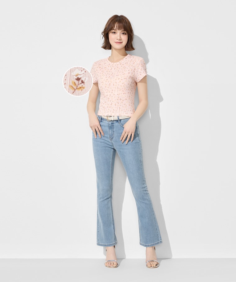 羅紋提花小花短版T恤-女