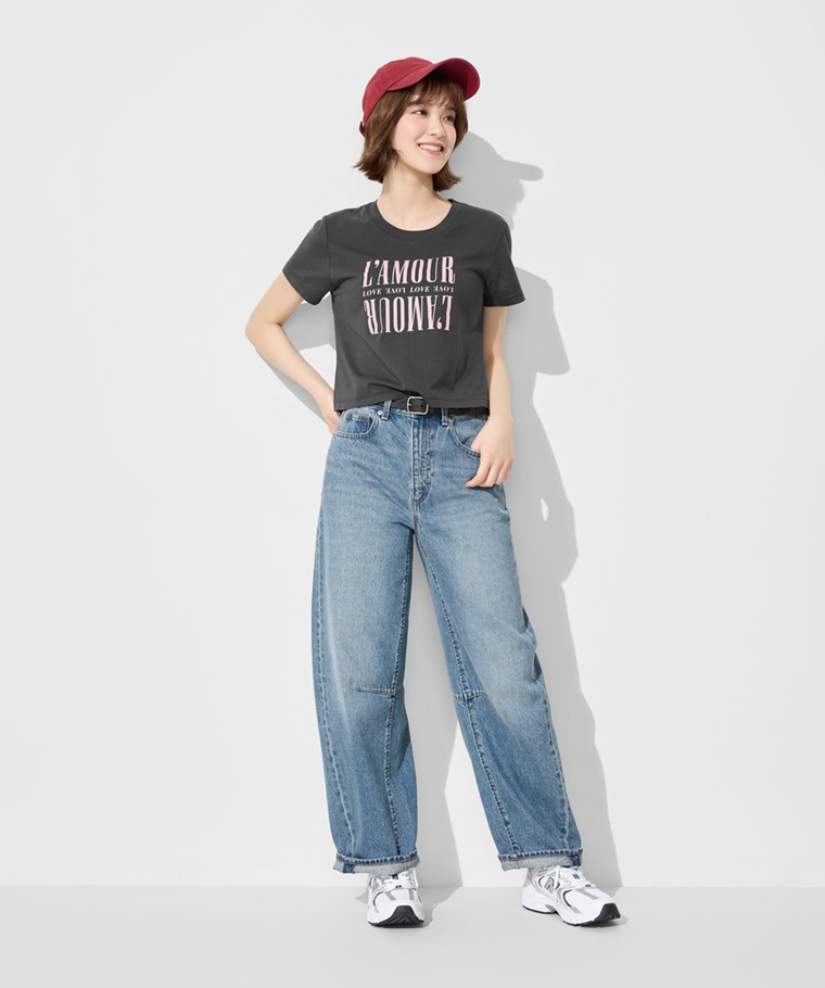 純棉圓領文字印花短版T恤-女