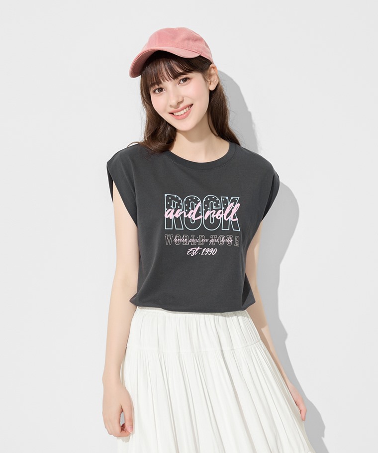 純棉寬版復古美式印花無袖上衣-女