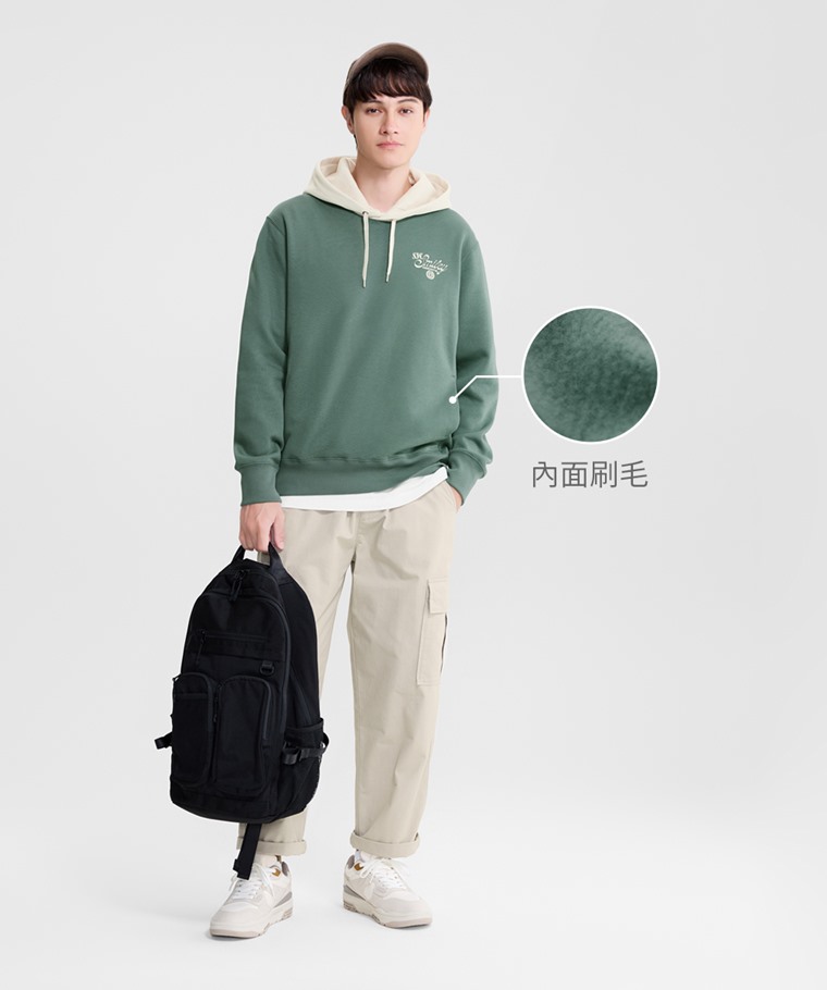 S.W.SMILEY®配色印花刷毛連帽衫-男