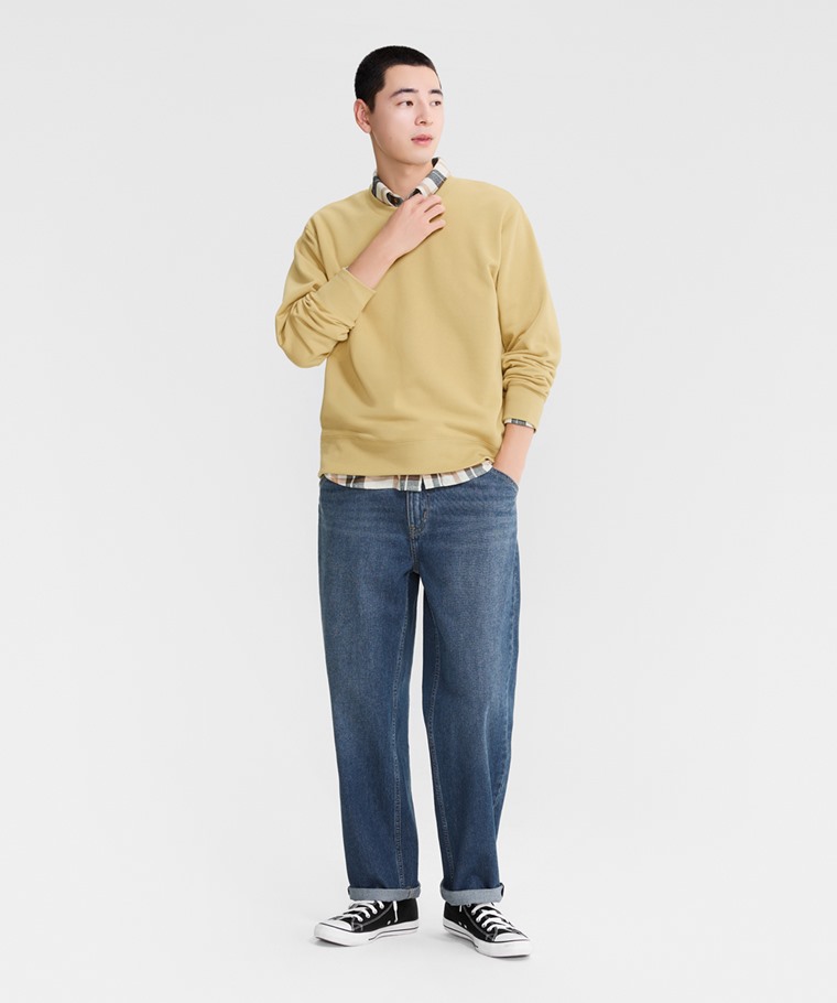 秋冬男裝新品：男 · 刷毛圓領衫,男 · 寬版牛仔褲,男 · 法蘭絨格紋襯衫