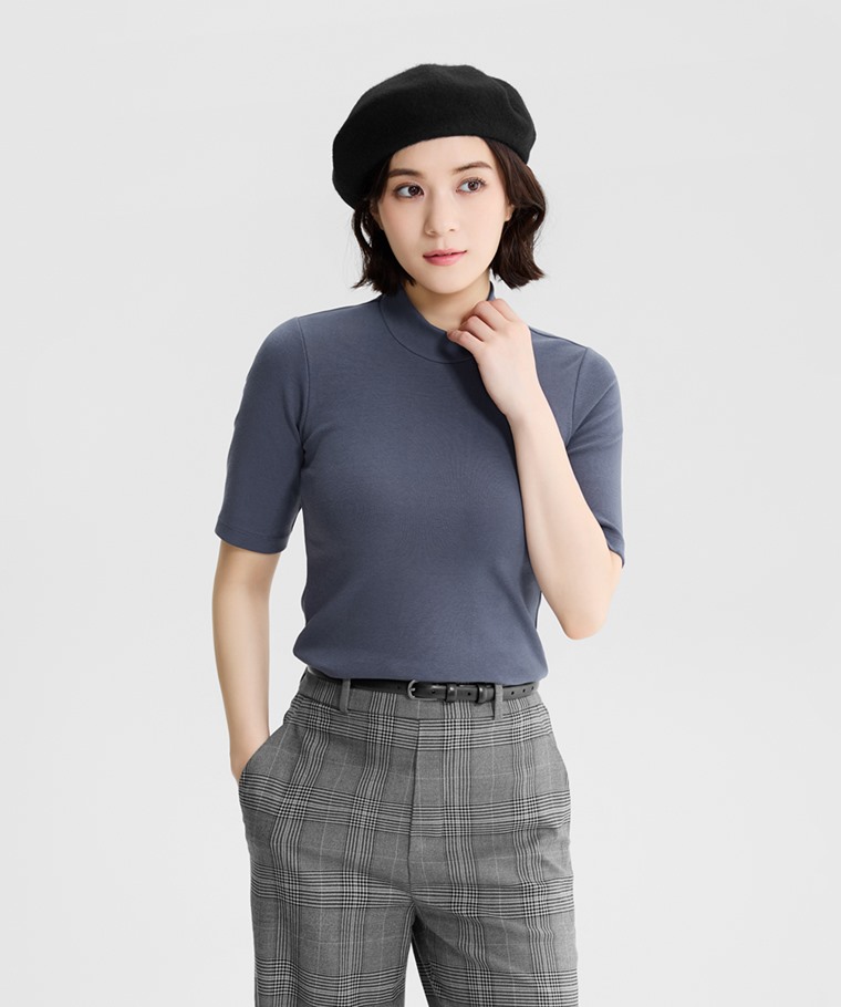 棉質羅紋立領五分袖T恤-女