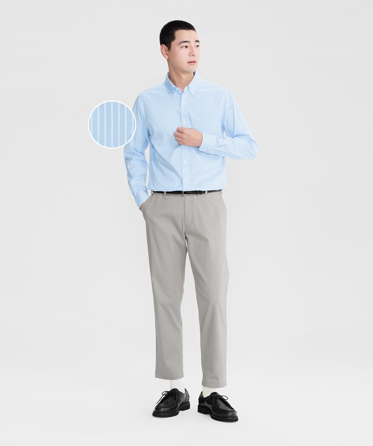 商務彈性條紋長袖襯衫-男