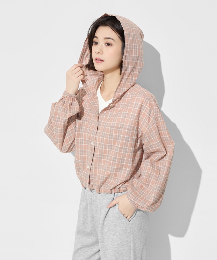 輕薄格紋連帽外套-女