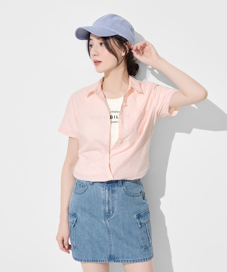 春夏女裝新品：女 · 格紋短袖襯衫,女 · Bra文字印花圓領短袖T恤,女 · 工裝牛仔連褲短裙