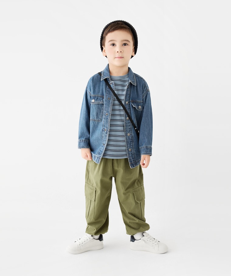 磨毛柔棉條紋圓領長袖T恤-童