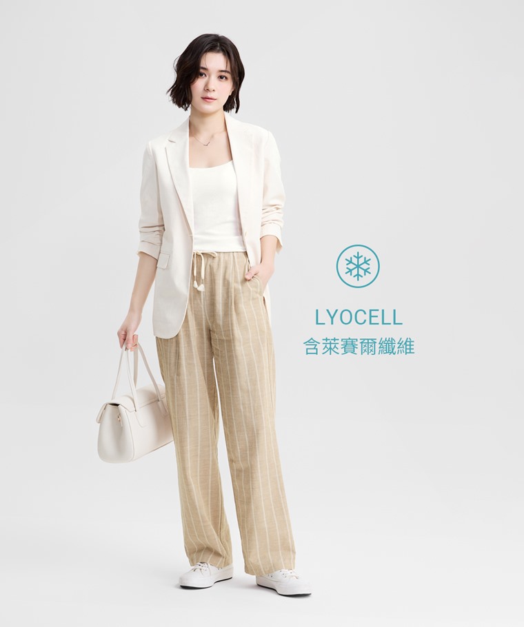 亞麻混紡條紋輕便長褲-女