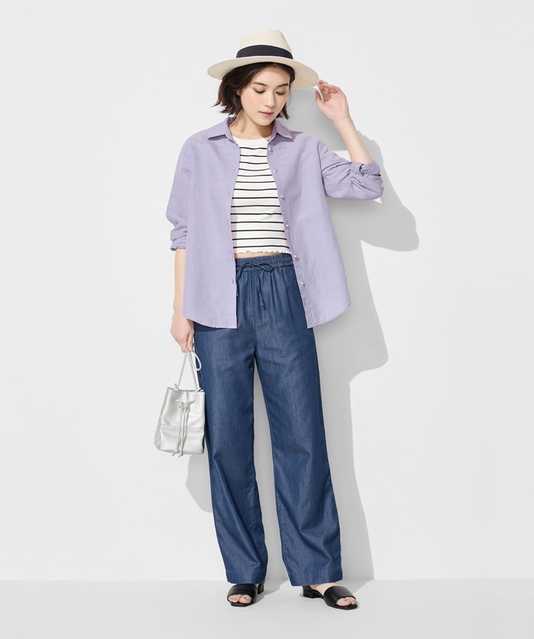 輕薄軟牛仔寬褲-女