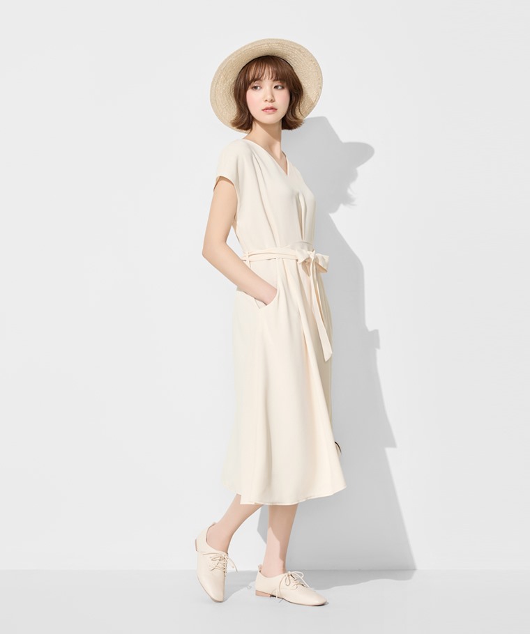 輕柔V領綁帶洋裝-女