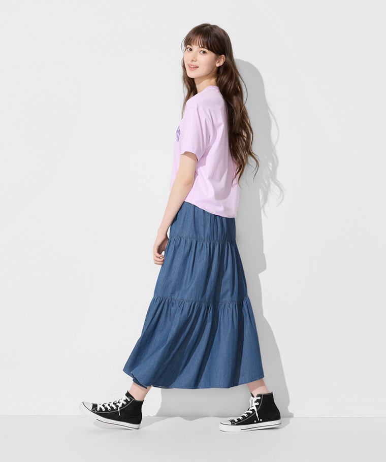 春夏女裝新品：女 · 軟牛仔蛋糕長裙,女 · 文字寬長版印花T恤-10,女 · 素色短襪(3入)
