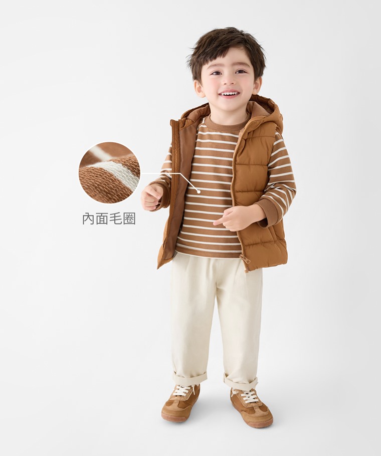 小毛圈條紋上衣-童 - 舒適棉感布料搭配內面毛圈織法，細緻柔軟、親膚透氣。