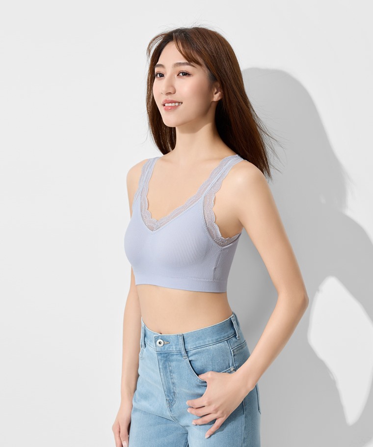 親膚內著系列：女 · 可拆式無縫Bra短版蕾絲背心,女 · 高腰牛仔寬褲