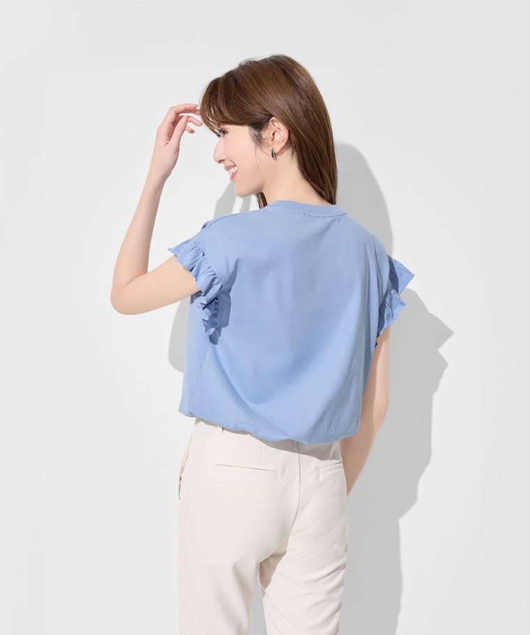 純棉粗紡荷葉袖上衣-女