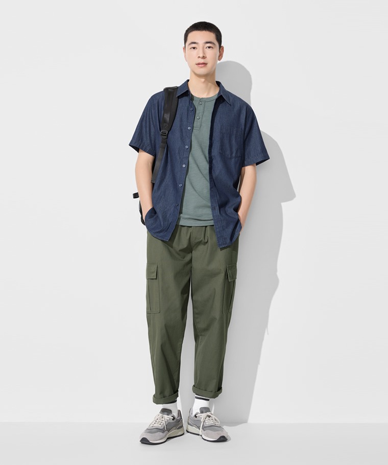 春夏男裝新品：男 · 輕型牛仔短袖襯衫,男 · 毛圈羅紋配條中筒襪,男 · 竹節棉亨利領T恤,男 · 寬版工裝九分褲