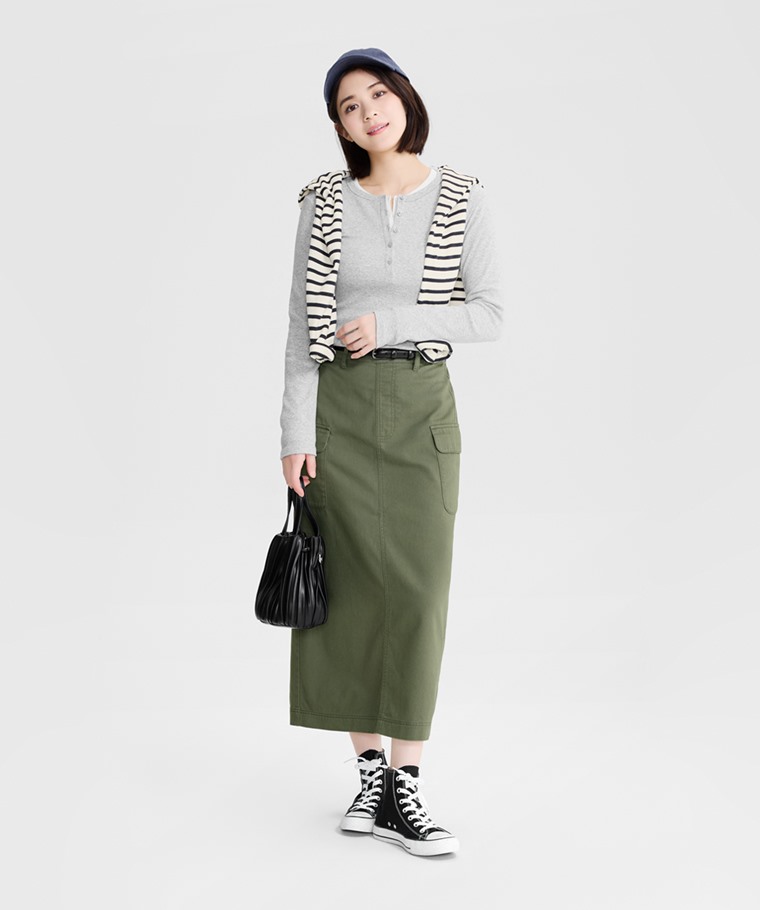 羅紋半開襟長袖T恤-女