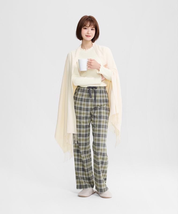 法蘭絨格紋長褲-女