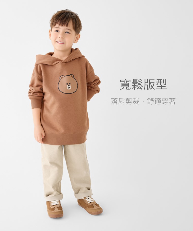LINE FRIENDS毛圈寬版印花連帽衫-01-童