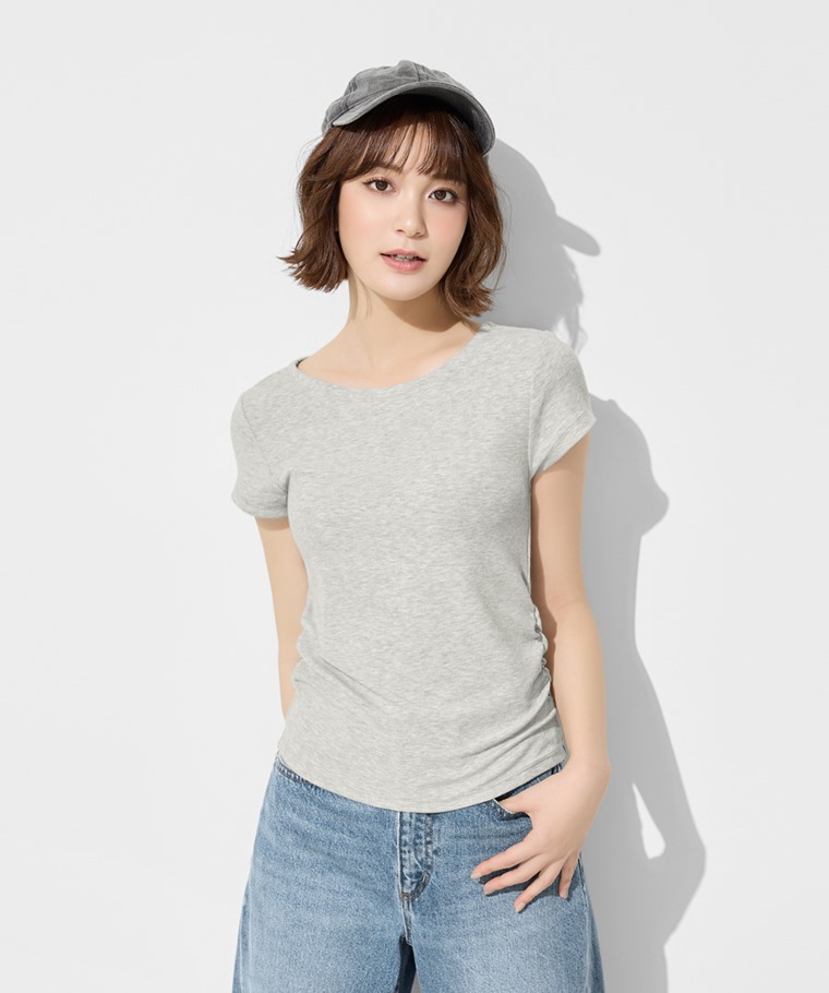 輕柔彈力寬領抽皺T恤-女