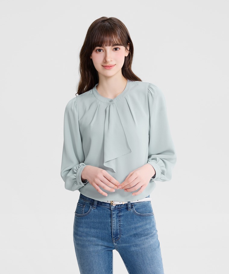 荷葉領結長袖襯衫-女