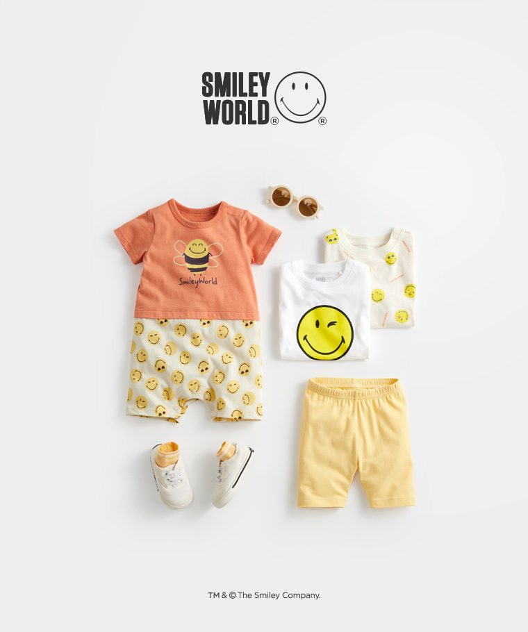 春夏嬰幼兒新品：Baby · SmileyWorld®竹節棉印花T恤,Baby · SmileyWorld®印花T恤-01,Baby · 多色踝襪(3入),Baby · SmileyWorld®純棉假兩件印花連身衣,Baby · 彈力五分內搭褲
