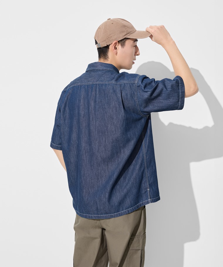 牛仔寬版短袖襯衫-男
