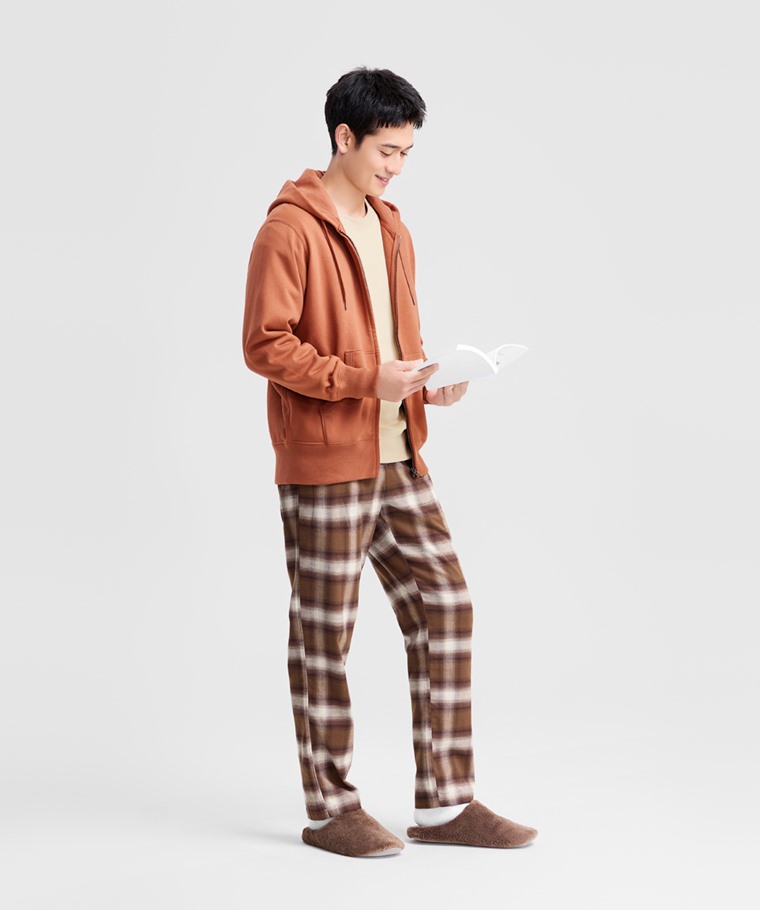 法蘭絨格紋長褲-男