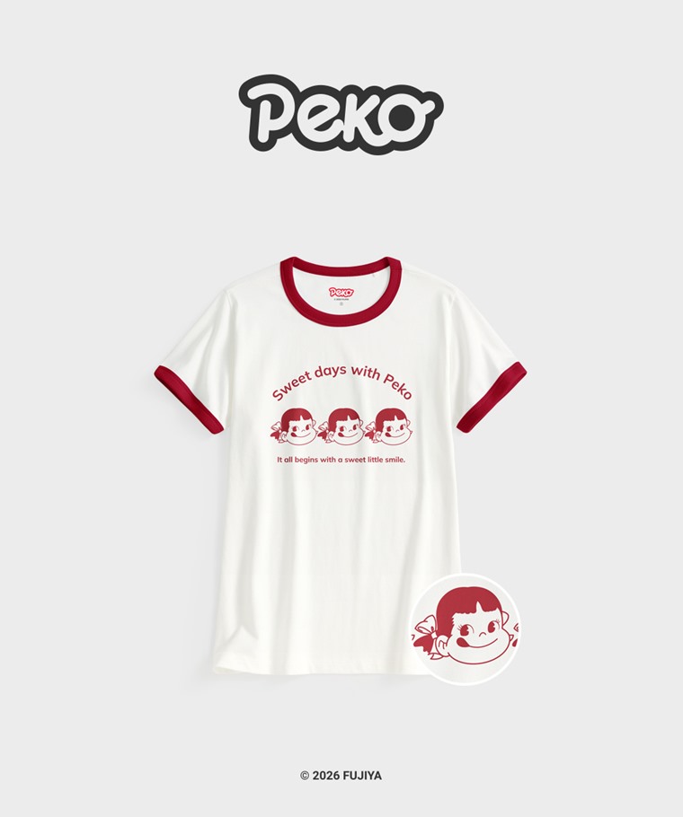 聯名系列T恤-WOMEN：女 · PEKO & POKO羅紋配色印花T恤-02