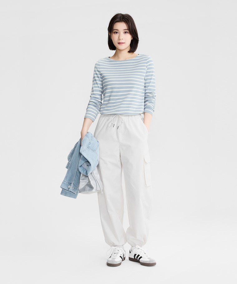 純棉粗紡條紋船型領T恤-女