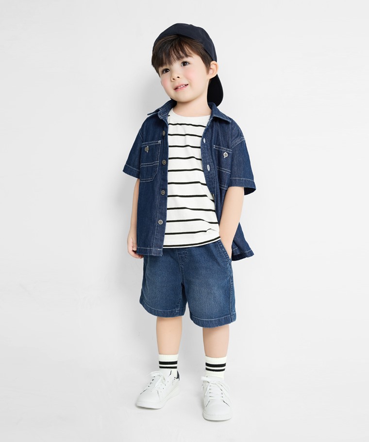 春夏童裝新品：童 · 彈性牛仔輕便短褲,童 · 毛圈配條中筒襪,童 · 牛仔寬版短袖襯衫,童 · 純棉條紋寬版落肩T恤