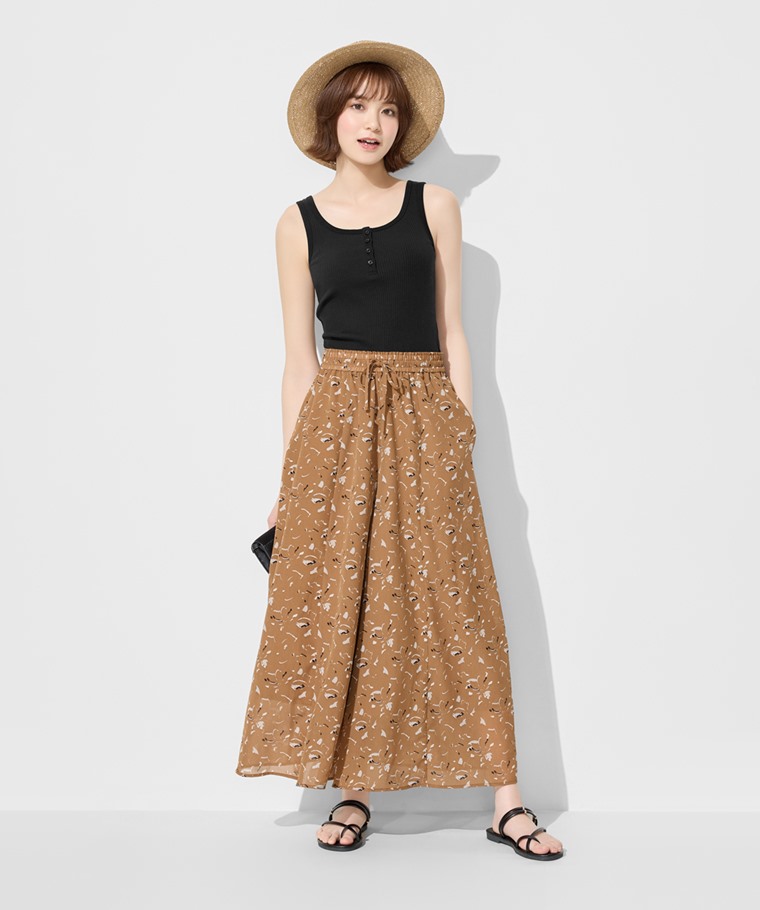 春夏女裝新品：女 · 海島絲印花寬襬褲,女 · 羅紋亨利領短版背心
