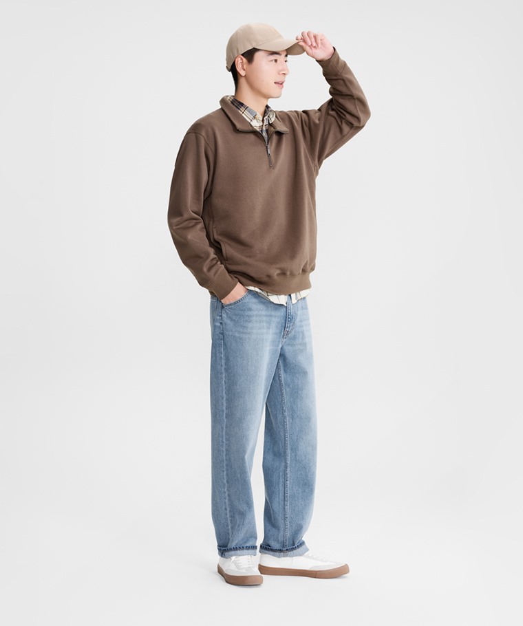 刷毛半開襟寬版上衣-男