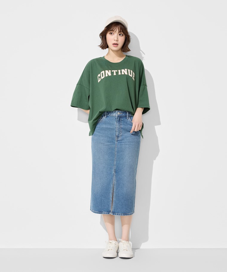 純棉寬版文字印花落肩T恤-女