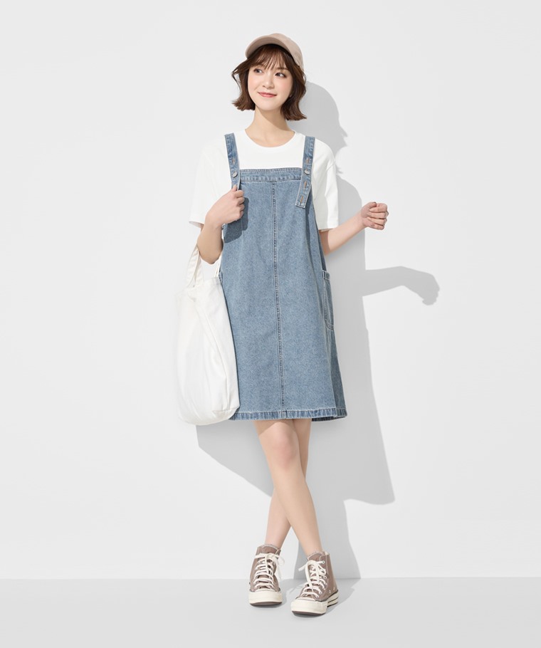 寬鬆牛仔吊帶裙-女