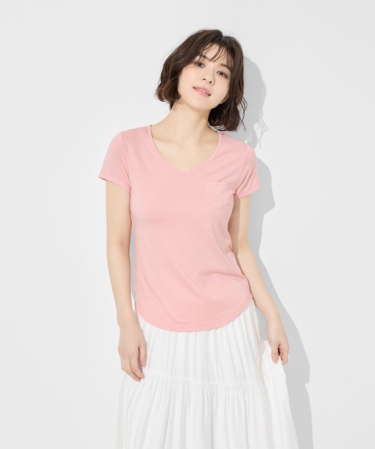 莫代爾口袋V領T恤-女