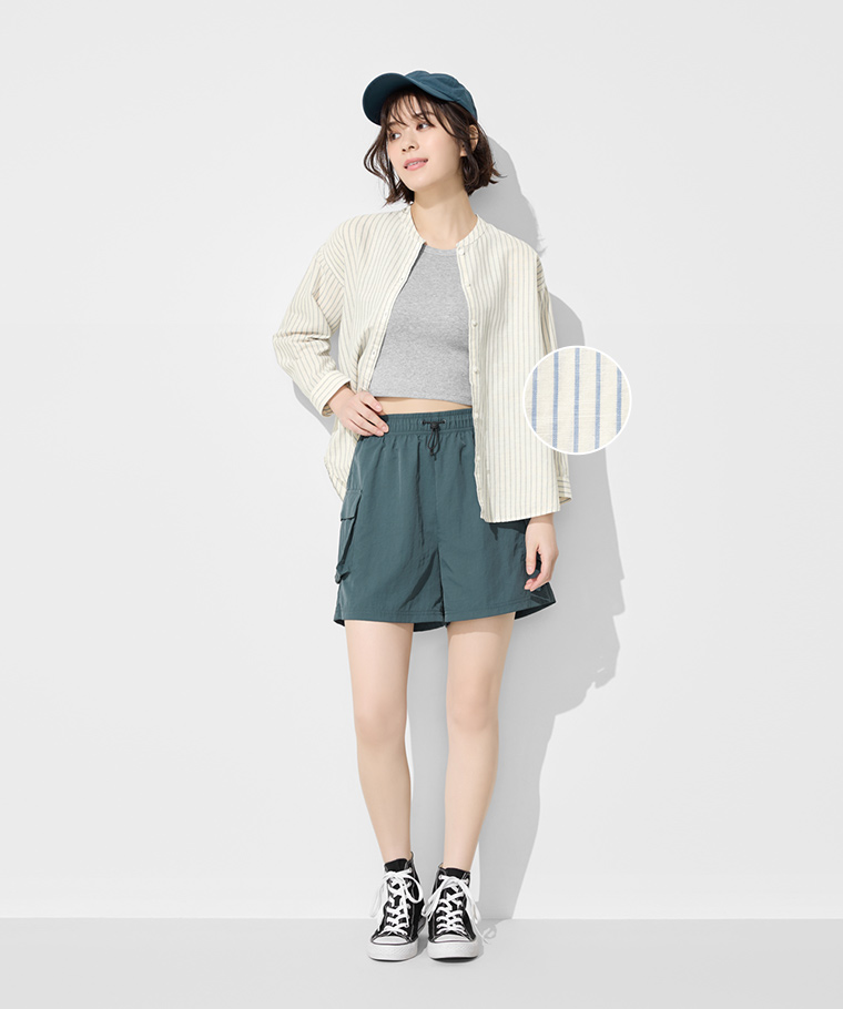 棉麻條紋七分袖襯衫-女