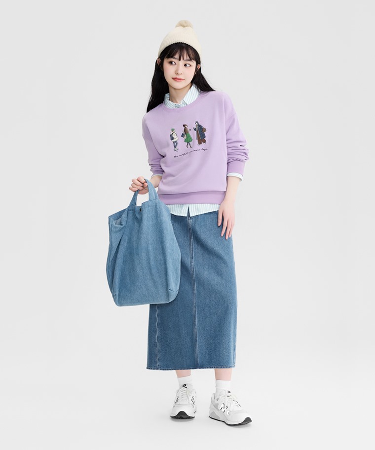 輕鬆步調刷毛電繡圓領衫-女