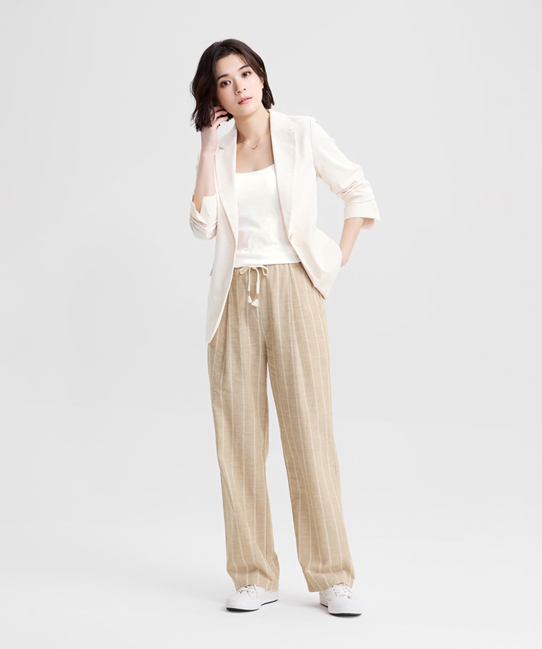 亞麻混紡條紋輕便長褲-女