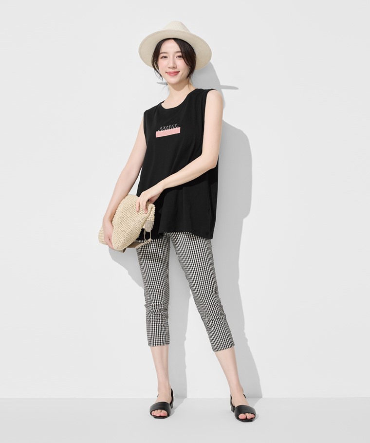 彈力格紋七分緊身褲-女