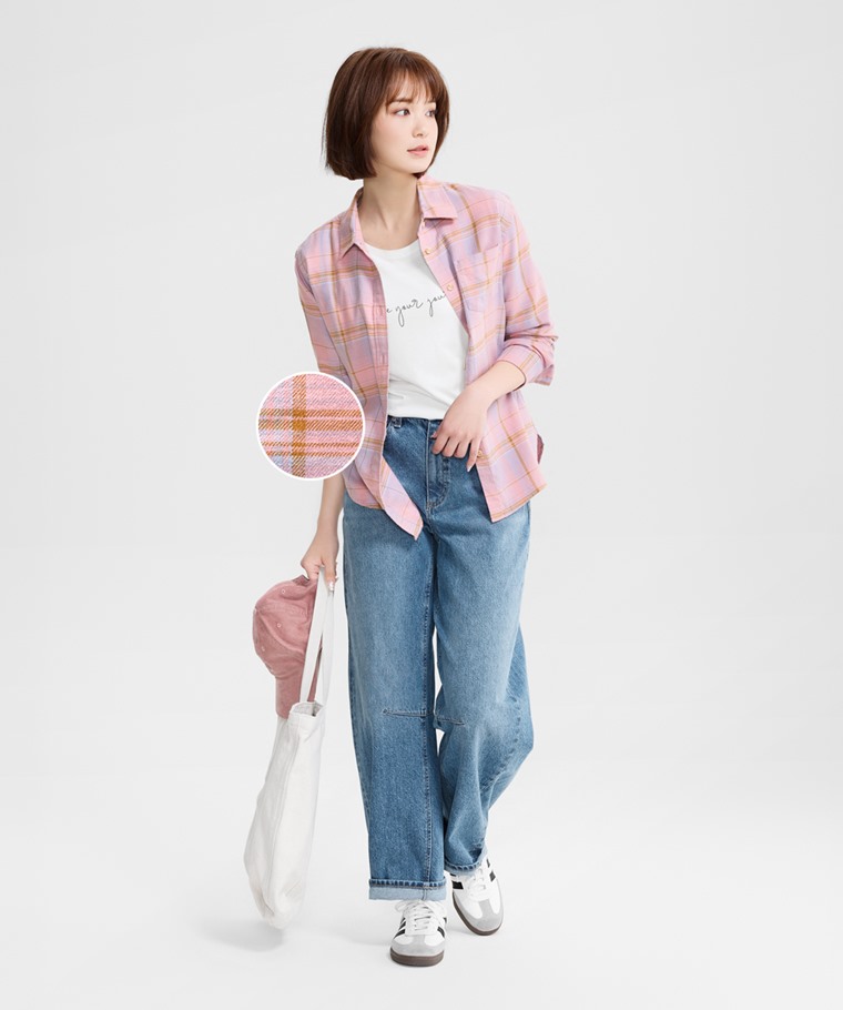法蘭絨格紋長袖襯衫-女