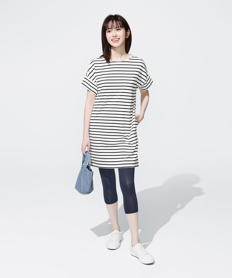 柔滑棉條紋寬鬆洋裝-女