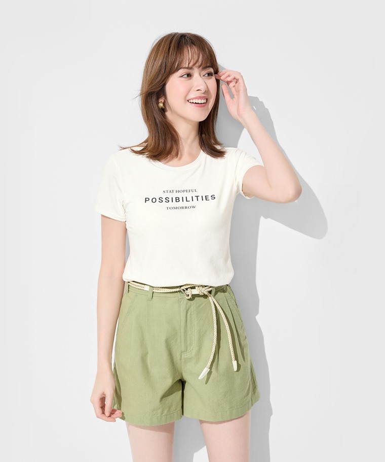 春夏女裝新品：女 · 棉麻打褶短褲,女 · Bra文字印花圓領短袖T恤