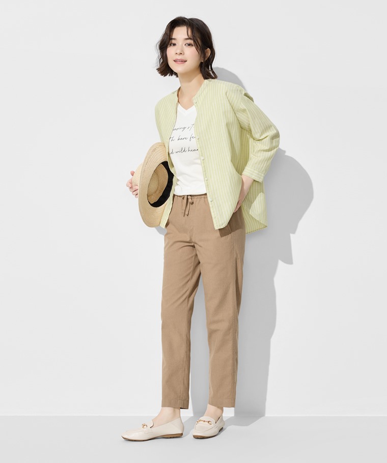 春夏女裝新品：女 · 棉麻九分褲,女 · 棉麻條紋七分袖襯衫,女 · 莫代爾V領文字上衣-01