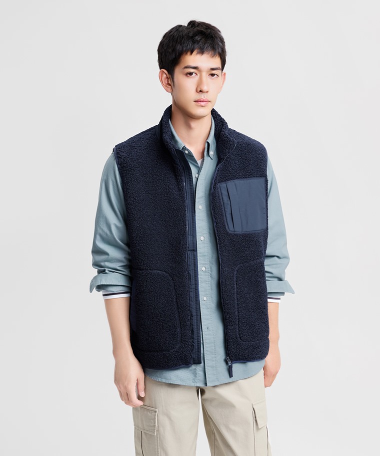 仿羊羔絨拼接背心-男