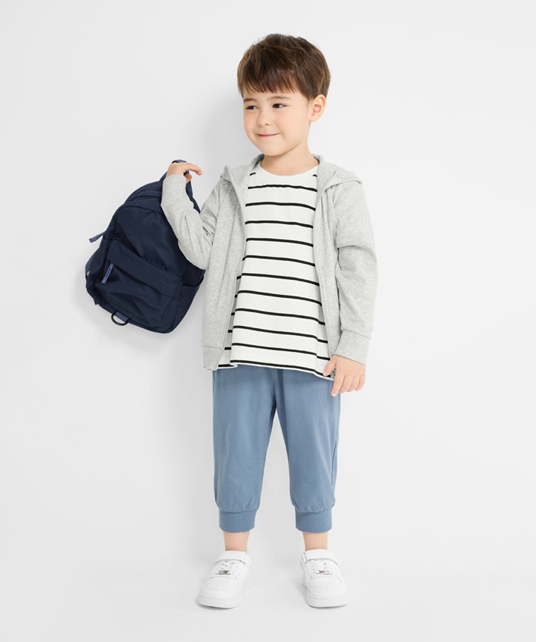 春夏童裝新品：童 · 棉質七分褲,童 · 抗UV羅紋連帽外套,童 · 純棉條紋寬版落肩T恤